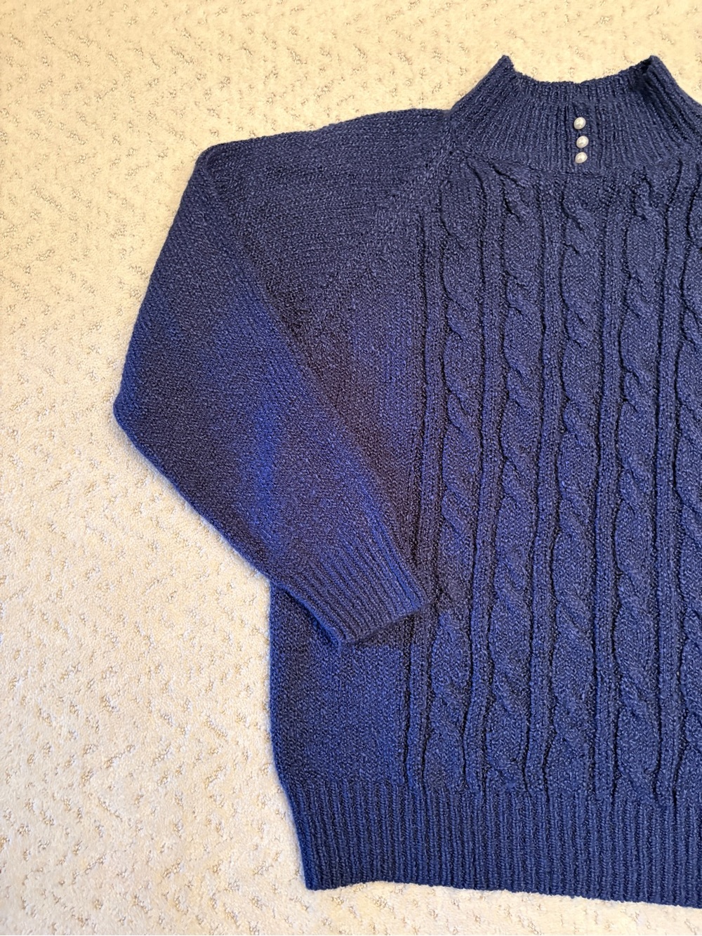 Vintage Blue Rough Cable Knit Sweater Size M Mock Neck With Faux Pearl Buttons - Picture 5 of 9